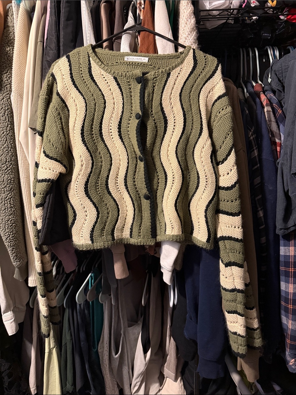 Olive & Cream Wavy Knit Button-Up Cardigan Sweater crop